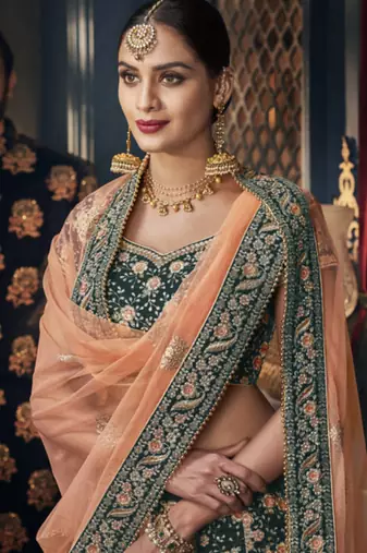 Pure Micro Velvet Wedding Lehenga in Green color With Embroidery & Crystals Stone Work