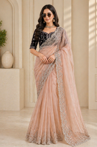 Wedding wear organza silk saree with embroidered velvet blouse