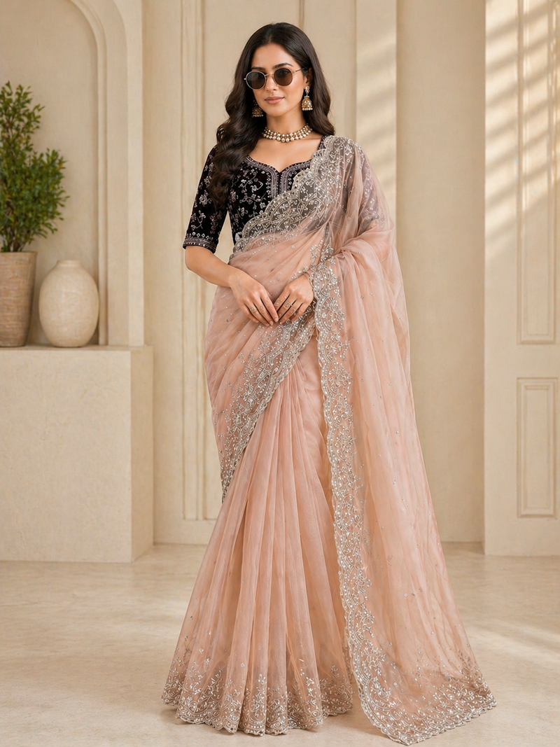 Wedding wear organza silk saree with embroidered velvet blouse