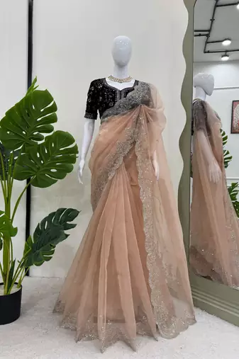 Wedding wear organza silk blend saree with embroidered velvet blouse