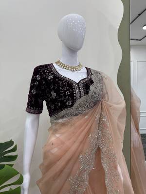 Wedding wear organza silk blend saree with embroidered velvet blouse 3