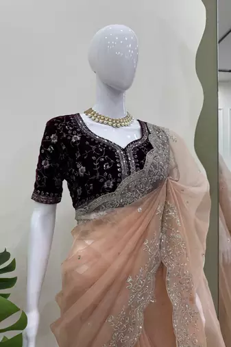 Wedding wear organza silk blend saree with embroidered velvet blouse