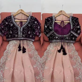 Wedding wear organza silk blend saree with embroidered velvet blouse 4