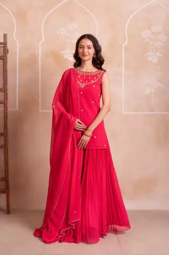 Carrot pink georgette handwork sharara set with handwork dupatta