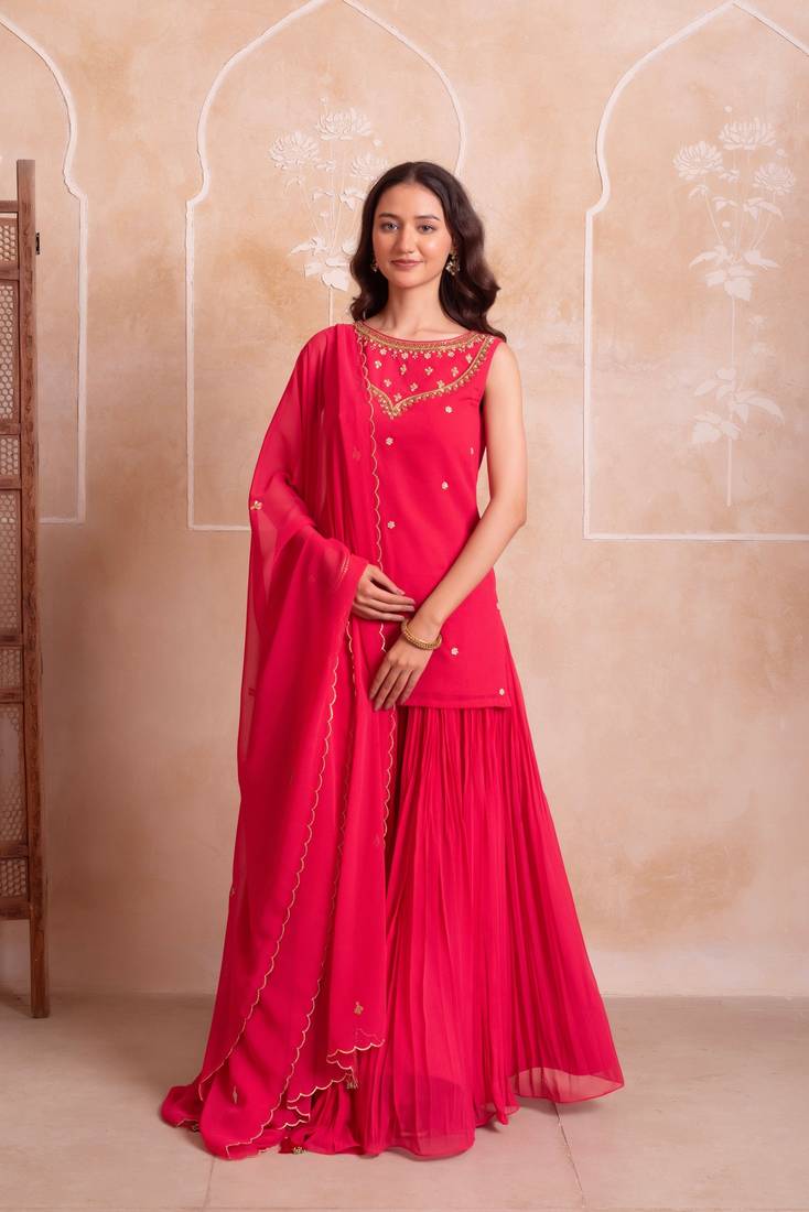 Carrot pink georgette handwork sharara set with handwork dupatta