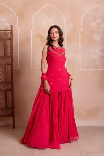 Carrot pink georgette handwork sharara set with handwork dupatta