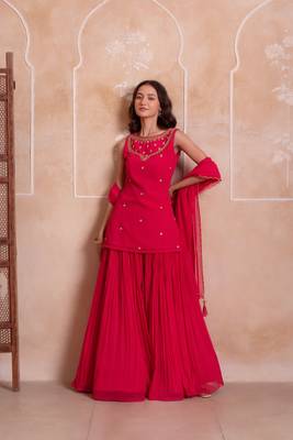 Carrot pink georgette handwork sharara set with handwork dupatta 4