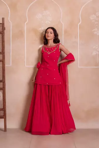 Carrot pink georgette handwork sharara set with handwork dupatta