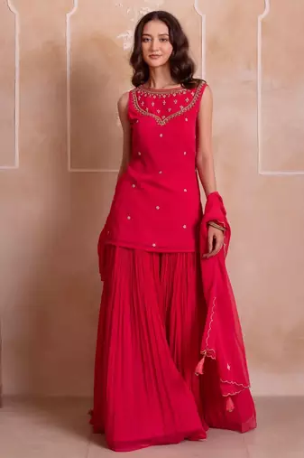 Carrot pink georgette handwork sharara set with handwork dupatta