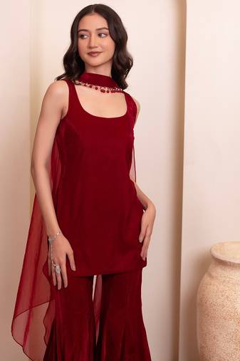 Maroon burgundy velvet sharara set