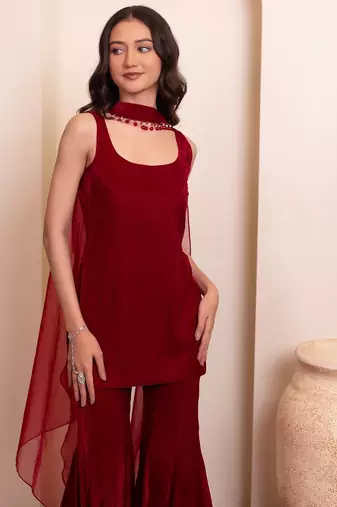 Maroon burgundy velvet sharara set