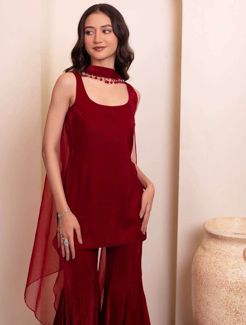 Maroon burgundy velvet sharara set