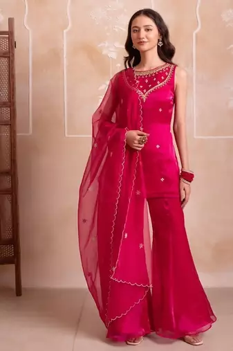 Magenta organza handwork palazzo set with embroidered dupatta