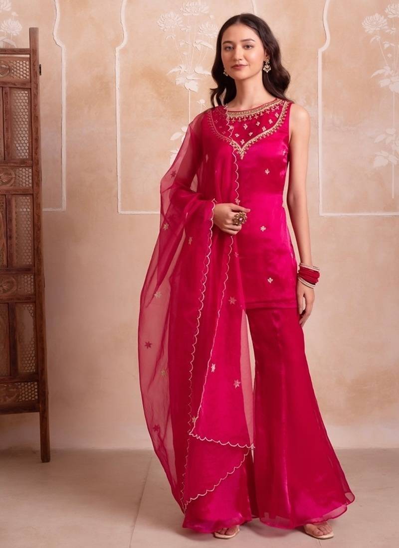 Magenta organza handwork palazzo set with embroidered dupatta