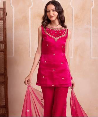 Magenta organza handwork palazzo set with embroidered dupatta 3