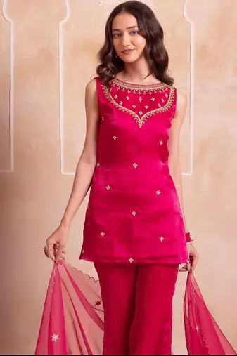 Magenta organza handwork palazzo set with embroidered dupatta
