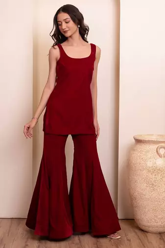 Maroon burgundy velvet sharara set