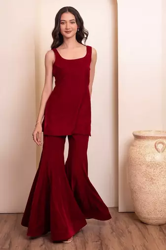 Maroon burgundy velvet sharara set