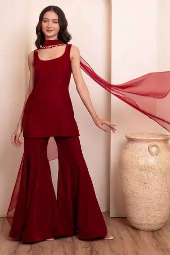 Maroon burgundy velvet sharara set