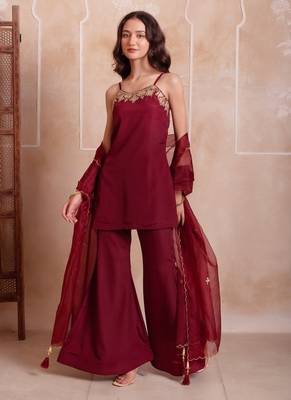 Maroon handwork sharara set with scalloped dupatta 1