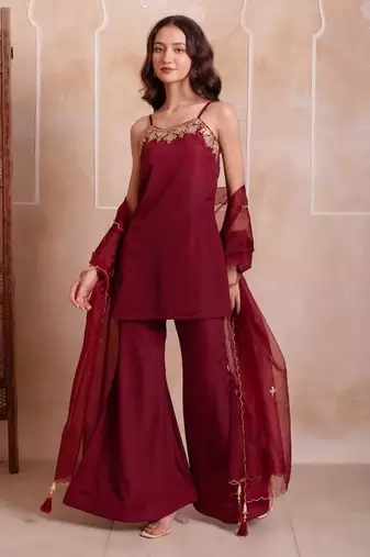 Maroon handwork sharara set with scalloped dupatta