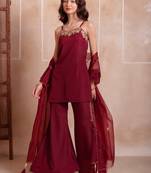 Maroon handwork sharara set with scalloped dupatta