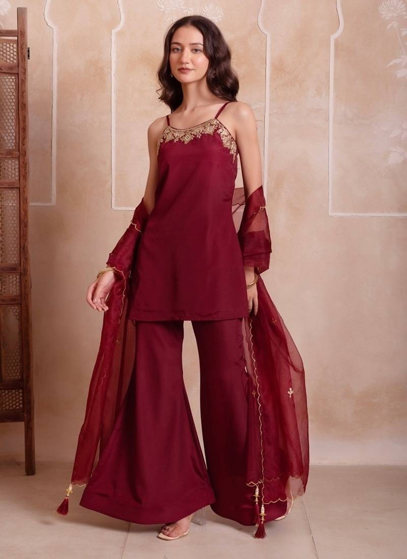 Maroon handwork sharara set with scalloped dupatta