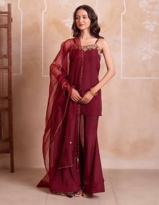 Maroon handwork sharara set with scalloped dupatta 3
