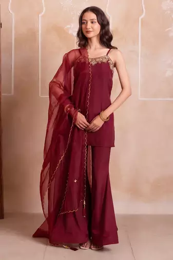 Maroon handwork sharara set with scalloped dupatta