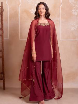 Maroon handwork sharara set with scalloped dupatta 4