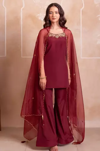 Maroon handwork sharara set with scalloped dupatta