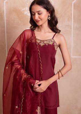 Maroon handwork sharara set with scalloped dupatta 5