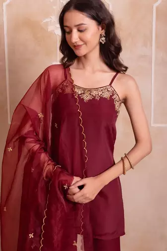 Maroon handwork sharara set with scalloped dupatta