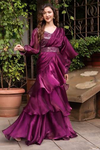 Wine organza sequin ready to drape saree with blouse