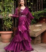 Wine organza sequin ready to drape saree with blouse