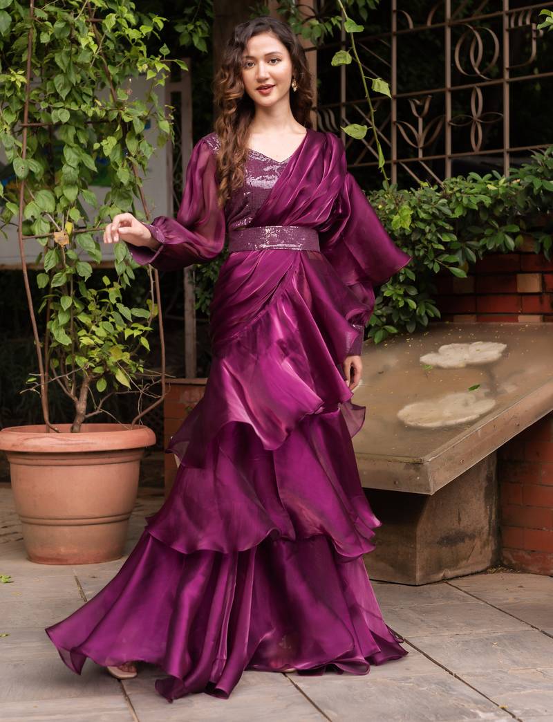Wine organza sequin ready to drape saree with blouse