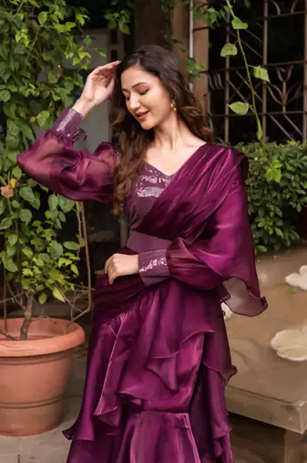 Wine organza sequin ready to drape saree with blouse