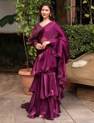 wine organza sequin ready to drape saree 3