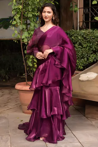 Wine organza sequin ready to drape saree with blouse
