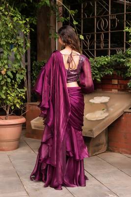 wine organza sequin ready to drape saree 4