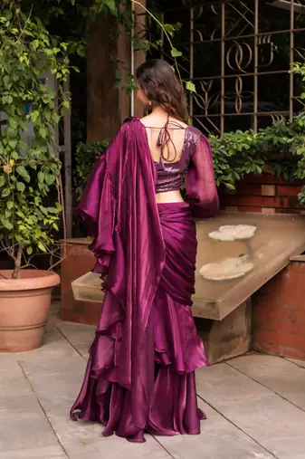 Wine organza sequin ready to drape saree with blouse