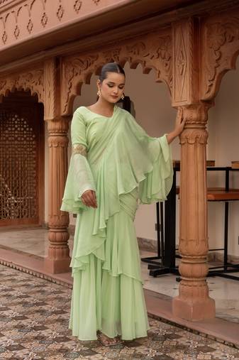 Elaichi organza georgette pre-draped saree with blouse