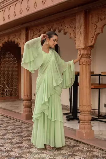 Elaichi organza georgette pre-draped saree with blouse