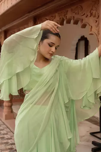 Elaichi organza georgette pre-draped saree with blouse