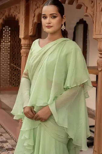 Elaichi organza georgette pre-draped saree with blouse