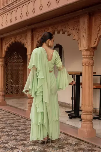 Elaichi organza georgette pre-draped saree with blouse