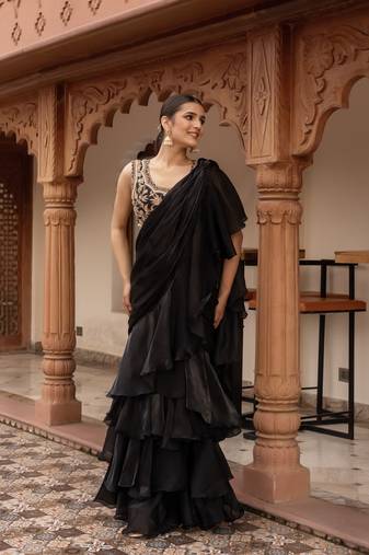 Black handwork organza pre-draped saree with blouse