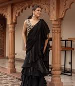 Black handwork organza pre-draped saree with blouse