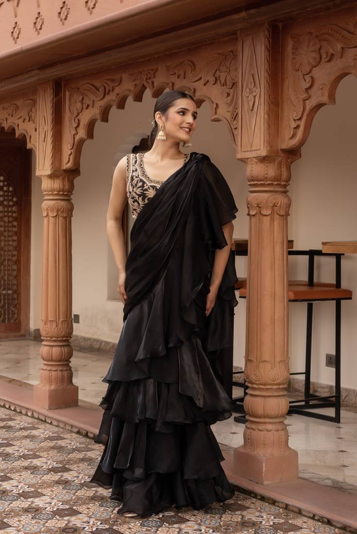 Black handwork organza pre-draped saree with blouse