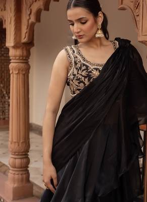 black handwork organza pre-draped saree 2